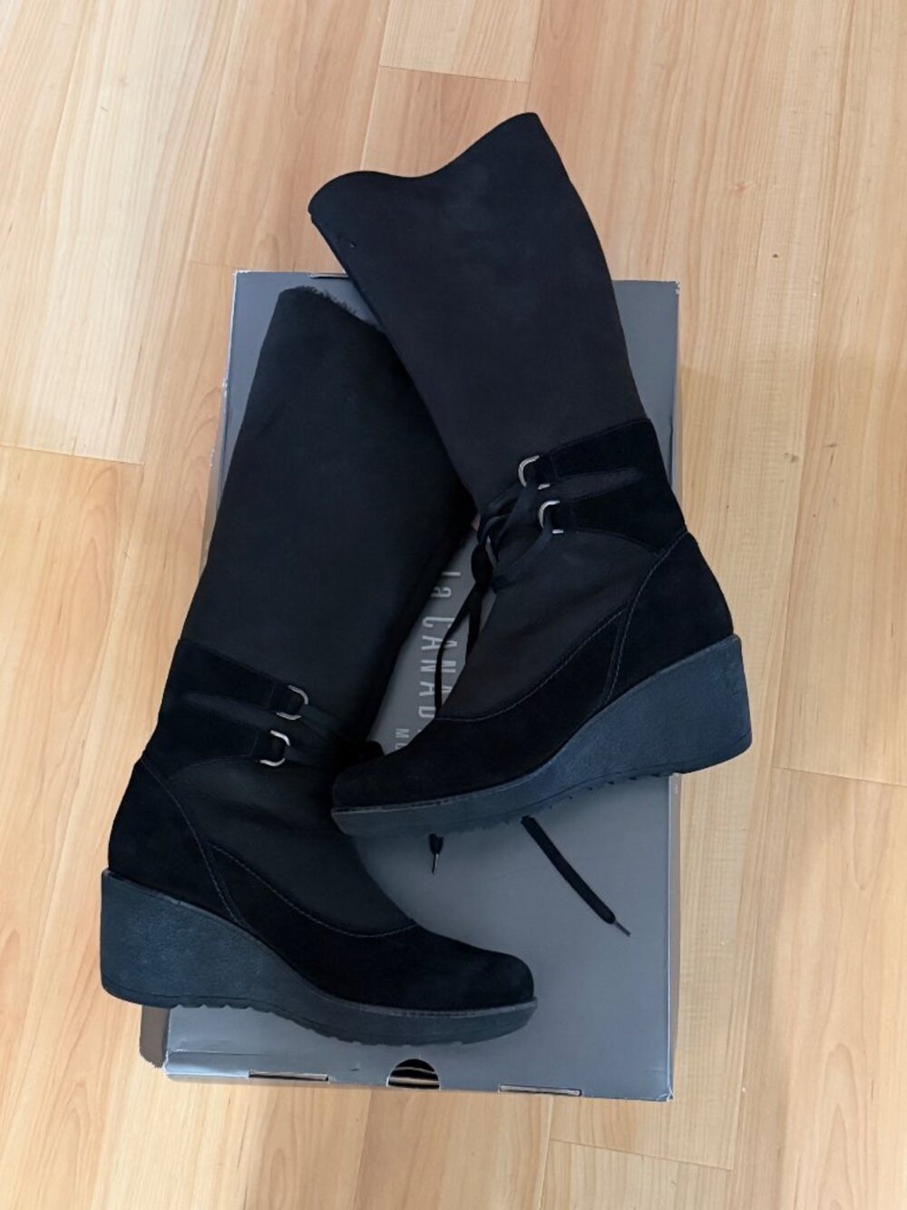 La Canadienne Viola Shearling Lined  Black Suede Wedge Knee-High Boots Size 9.5
